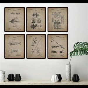 Fishing Patents Vintage Style Posters Rustic Wall Art Decor Set of 6 Prints